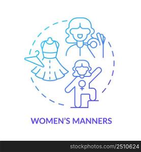 Women manners blue gradient concept icon. Elegant and strong woman. Ethical code. Social etiquette abstract idea thin line illustration. Isolated outline drawing. Myriad Pro-Bold font used. Women manners blue gradient concept icon
