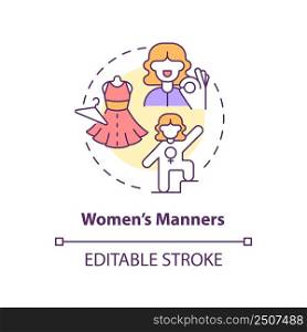 Women manners concept icon. Elegant and strong woman. Social etiquette abstract idea thin line illustration. Isolated outline drawing. Editable stroke. Arial, Myriad Pro-Bold fonts used. Women manners concept icon