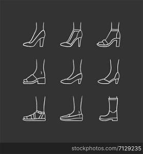 Women modern shoes chalk icons set. Female summer and autumn elegant footwear. Stiletto high heels, sandals, pumps. Fashionable winter and fall boots. Isolated vector chalkboard illustrations