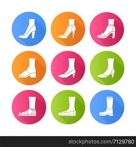 Women modern shoes flat design long shadow glyph icons set. Female summer and autumn elegant footwear. Stiletto high heels, sandals, pumps. Winter and fall season boots. Vector silhouette illustration