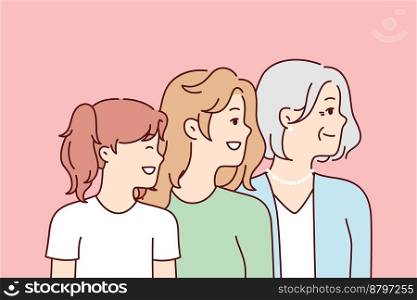 Women of different ages look in same direction with smile, demonstrating solidarity or commitment to feminism. Elderly woman with daughter and granddaughter in casual clothes. Flat vector design . Women of different ages look in same direction with smile for feminism concept. Vector image