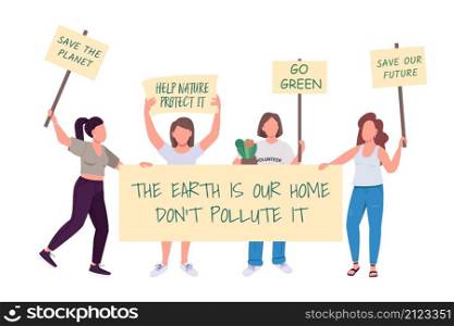Women on ecology protest semi flat color vector character. Active figures. Full body people on white. Green movement isolated modern cartoon style illustration for graphic design and animation. Women on ecology protest semi flat color vector character