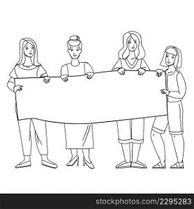 Women On Protest Demonstration Hold Banner Black Line Pencil Drawing Vector. Young Girls Protesting With Blank Poster On Demonstration. Characters Ladies Protesting Together On Meeting Illustration. Women On Protest Demonstration Hold Banner Vector