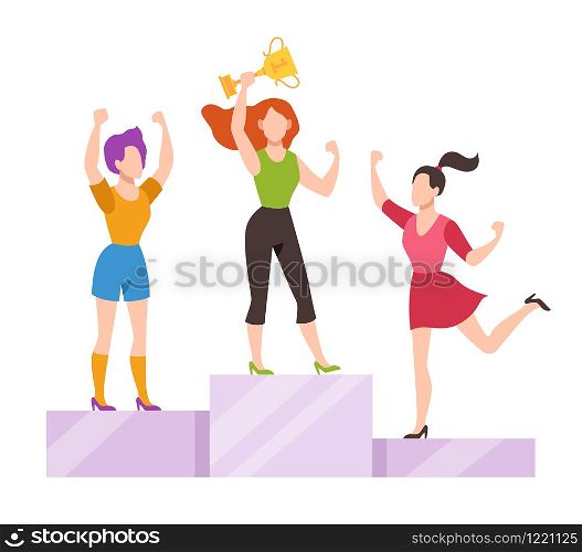 Women on winner podium. Office female workers on pedestal posing with golden trophy cup, success business and career growth, vector happy victory woman concept. Women on winner podium. Office female workers on pedestal posing with golden trophy cup, success business and career growth, vector concept