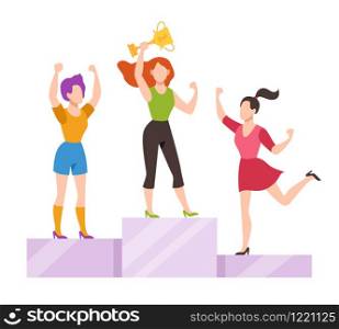 Women on winner podium. Office female workers on pedestal posing with golden trophy cup, success business and career growth, vector happy victory woman concept. Women on winner podium. Office female workers on pedestal posing with golden trophy cup, success business and career growth, vector concept