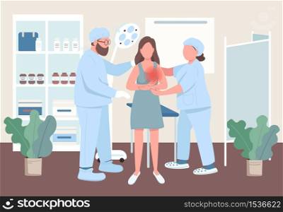 Women oncology flat color vector illustration. Breast cancer clinic treatment. Woman visit hospital for examination. Doctors with female patient 2D cartoon characters with interior on background. Women oncology flat color vector illustration