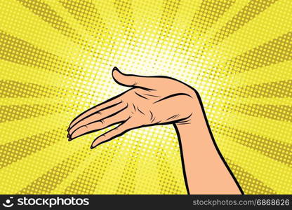 Women open palm hand hold gesture. Pop art retro vector illustration. Women open palm hand hold gesture