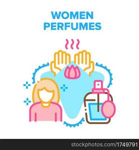 Women Perfumes Vector Icon Concept. Women Perfumes Spray Bottle, Aromatic Natural Cosmetic. Spraying Freshness Flavor Beauty Accessory For Girl. Aroma Deodorant Essence Color Illustration. Women Perfumes Vector Concept Color Illustration
