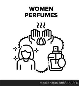 Women Perfumes Vector Icon Concept. Women Perfumes Spray Bottle, Aromatic Natural Cosmetic. Spraying Freshness Flavor Beauty Accessory For Girl. Aroma Deodorant Essence Black Illustration. Women Perfumes Vector Black Illustrations