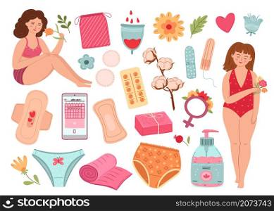 Women period. Isolated female, woman menstrual calendar cycle. Vaginal hygiene, pad tampon flowers. Menstruation plan check exact vector set. Female period monthly, ovulation and tampon illustration. Women period. Isolated female, woman menstrual calendar cycle. Vaginal hygiene, pad tampon flowers. Menstruation plan check exact vector set