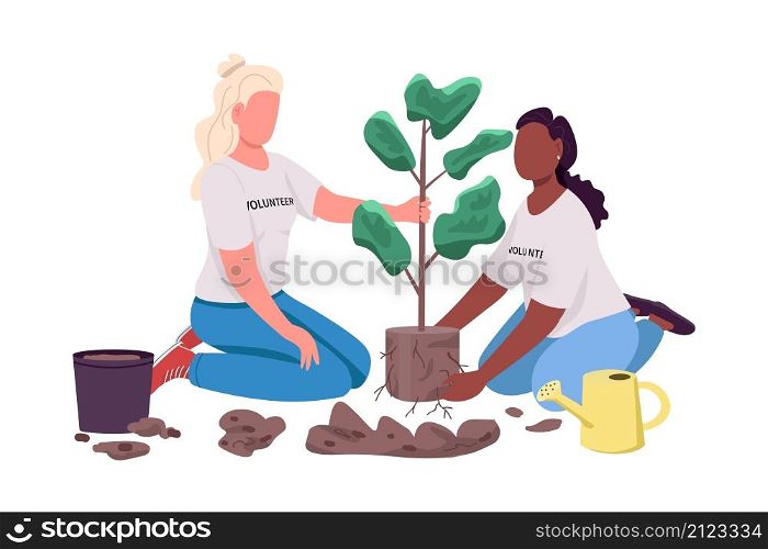 Women planting tree semi flat color vector characters. Active figures. Full body people on white. Garden isolated modern cartoon style illustration for graphic design and animation. Women planting tree semi flat color vector characters