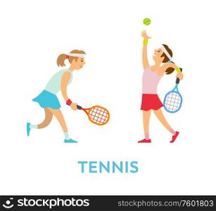 Women playing tennis in team vector, poster with people wearing suits, lady holding racket ready to hit ball. Tournament and championship competition. Tennis Players, Woman Team Playing Together Vector