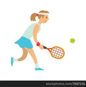 Women playing tennis isolated girl. Vector lady holding racket ready to hit ball. Tournament and championship competition, player in skirt profile view. Women Playing Tennis. Vector Lady Holding Racket