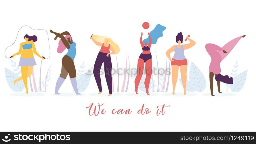 Women Positive Thinking and Healthy Lifestyle Flat Vector Motivational Banner with Happy Ladies Doing Fitness, Gymnastics Exercises, Dancing and Shooting Selfie Photo Illustration on White Background