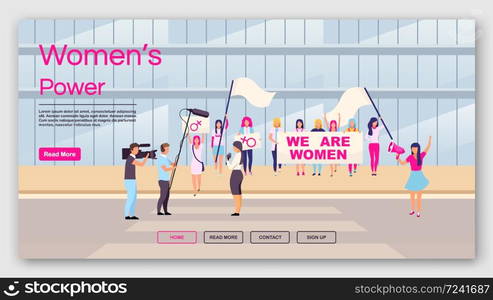 Women power landing page vector template. Feminist protest website interface idea with flat illustrations. Feminism movement homepage layout. Women empowerment web banner, webpage cartoon concept