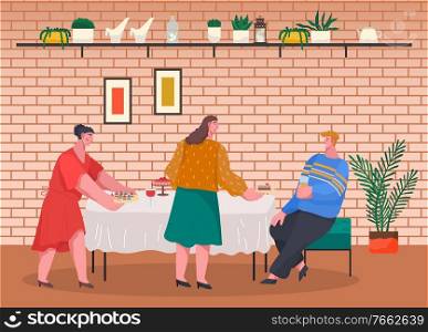 Women preparing for dinner or lunch. Home reception for friends and family. Table with food like cake and canapes, drink. Living room interior, decor and houseplants. Vector illustration in flat style. People Prepare Desserts for Dinner, Home Reception