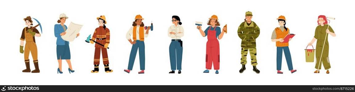 Women professions, female characters occupation, girls wear uniform work architect, firefighter, constructor, police officer, builder, military or security guard, Line art flat vector illustration. Women professions, female characters occupation