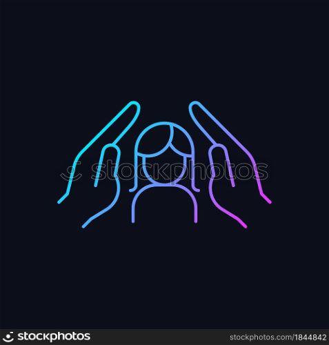 Women protection gradient vector icon for dark theme. Protect girls against violence. Female empowerment. Women safety. Thin line color symbol. Modern style pictogram. Vector isolated outline drawing. Women protection gradient vector icon for dark theme