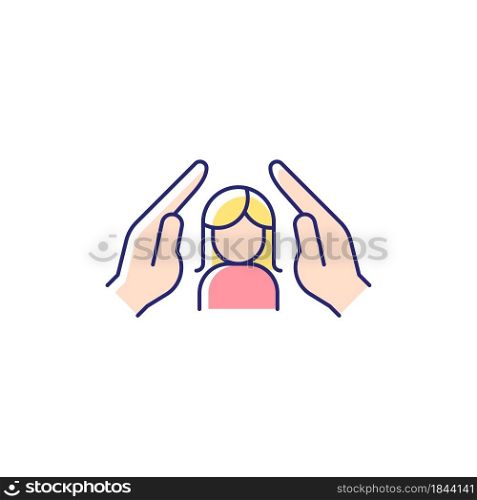 Women protection RGB color icon. Protect girls against violence. Female empowerment. Women safety. Gender equality. Provide peace and security. Isolated vector illustration. Simple filled line drawing. Women protection RGB color icon