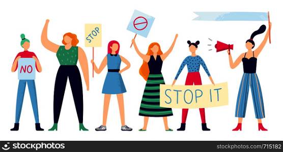 Women protesters. Female group protest, strong woman holding feminism placard and women rights manifestation. Girl power manifest, powerful womans international day flat vector illustration. Women protesters. Female group protest, strong woman holding feminism placard and women rights manifestation flat vector illustration