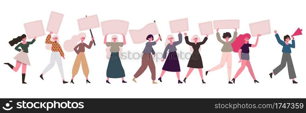 Women protesters. Female movement, feminist activists with banners and placards. Demonstration women rights protection vector illustration set. Feminist rights movement, feminism sisterhood. Women protesters. Female movement, feminist activists with banners and placards. Demonstration women rights protection vector illustration set