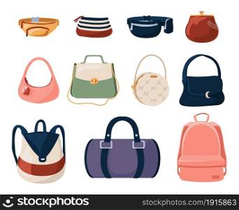 Women purse. Trendy fashion cartoon clutch and everyday casual handbags. Glamor isolated bags collection. Stylish backpacks or leather pouches. Modern clothing. Vector elegant female accessories set. Women purse. Trendy fashion cartoon clutch and everyday casual handbags. Glamor isolated bags collection. Stylish backpacks or pouches. Modern clothing. Vector female accessories set