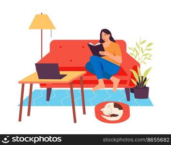 Women read books. Young female character sitting on sofa in cozy home atmosphere. Woman spending leisure time in living room, cat pet sleeping near girl. Reading literature, studying. Women read books. Young female character sitting on sofa in cozy home atmosphere. Woman spending leisure time