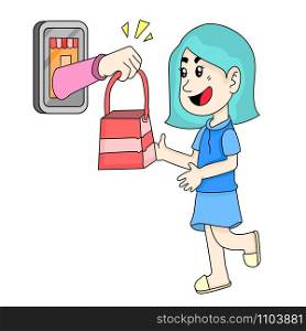 women receive goods from the online shopping marketplace. cartoon illustration sticker