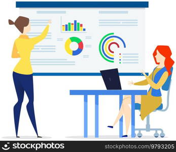 Women reporting statistics, diagrams. Businesswoman showing financial report with statistical indicators, presents statistics. Girl demonstrates results of data analysis on presentation board. Girl demonstrates results of data analysis, statistics on presentation board to her colleague