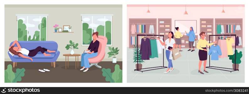 Women rest and recovery methods flat color vector illustration set. Shopping with girlfriends. Mental health treatment 2D cartoon faceless characters collection with interior on background. Women rest and recovery methods flat color vector illustration set.