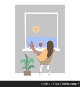 Women rest by window at cozy home, talking and drinking wine. Flat vector illustration isolated on white background. Girl rest sitting in a chair, drinking wine. Flat vector illustration