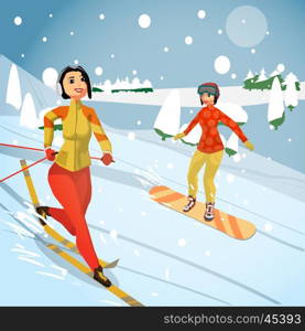 Women ride a mountain on a snowboard and skiing on a snowy day. Winter sports vacation concept. Flat vector illustration