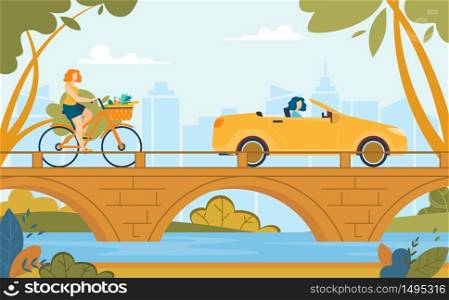Women Riding Bicycle and Driving Car on Bridge Cartoon. Active Lifestyle and Summer Activities. Daily Routine. Grocery Shopping and Transpiration. Flat City Skyscrapers Silhouette. Vector Illustration. Women Riding Bike and Driving Car Summer Cartoon