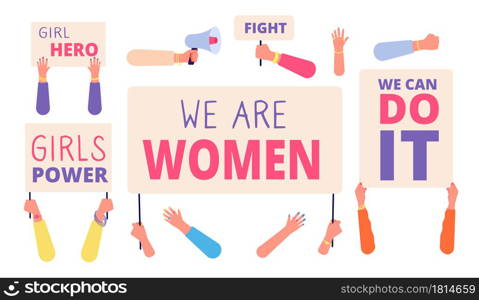 Women rights banners. Woman power, girl rights protest. International female community, hand hold diverse feminism utter social placards vector. Illustration protest female, woman rights demonstration. Women rights banners. Woman power, girl rights protest. International female community, hand hold diverse feminism utter social placards vector set