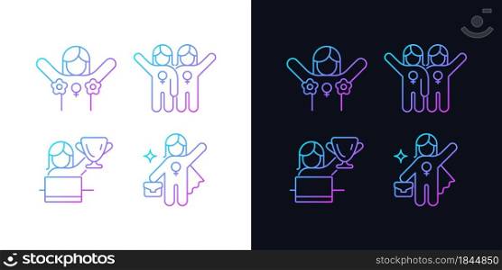 Women rights movement gradient icons set for dark and light mode. Radical feminism. Thin line contour symbols bundle. Isolated vector outline illustrations collection on black and white. Women rights movement gradient icons set for dark and light mode