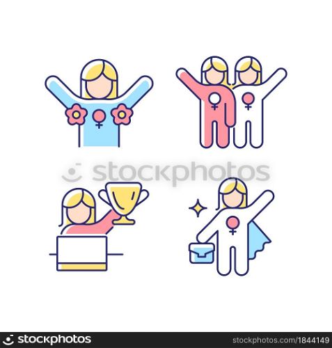 Women rights movement RGB color icons set. Radical feminism. Female friendship. Leadership role. Gender diversity at work. Isolated vector illustrations. Simple filled line drawings collection. Women rights movement RGB color icons set