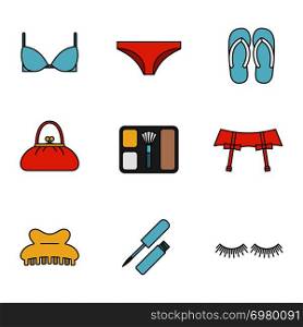 Women&rsquo;s accessories color icons set. Underwear garters, bra and panties, flip flops, purse, blusher, claw hair clip, eyelashes, lip gloss. Isolated vector illustrations. Women&rsquo;s accessories color icons set