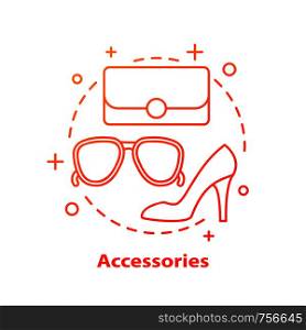 Women's accessories concept icon. Sunglasses, handbag, high-heel shoe. Fashion style idea thin line illustration. Vector isolated outline drawing. Women's accessories concept icon