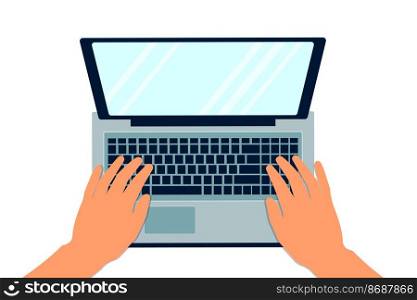 Women&rsquo;s and men&rsquo;s hands type text on the laptop keyboard. The view from the top. Working, studying person in the workplace, in the office, at home. Vector illustration isolated on a white background. Women&rsquo;s and men&rsquo;s hands type text on the laptop keyboard. The view from the top. Working, studying person in the workplace, in the office, at home. Vector illustration isolated on a white background.