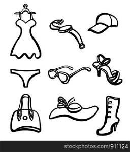 women's clothes and accessories icons set outlines. women's clothes