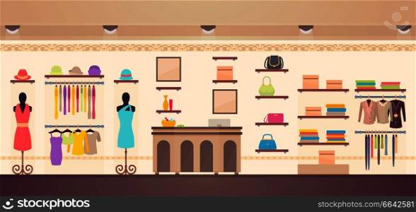 Women&rsquo;s clothes store with variety of dresses, jackets or hats, accessories and bags. Vector illustration of shopping room with cashbox in center. Women&rsquo;s Clothes Store Vector Illustration Shopping