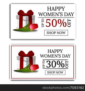 Women&rsquo;s Day Sale Banners with Gift Box and Tulip. Gift Box with Red Bow. Voucher, flyers, invitation, posters, brochure, coupon discount,greeting card. Vector illustration.