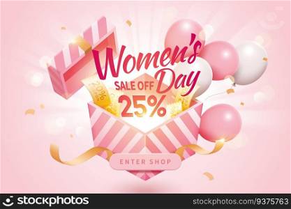 Women&rsquo;s Day sale pop up ads for with design concept of opening a surprising gift, decorated by cute balloons and additional coupons. Pop up ads for Women&rsquo;s Day sale