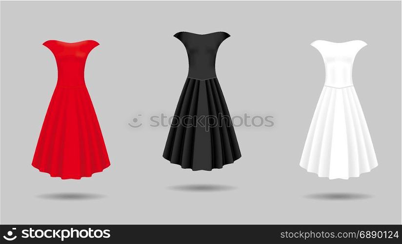 Women&rsquo;s dress mockup collection. Dress with long pleated skirt. Realistic vector illustration