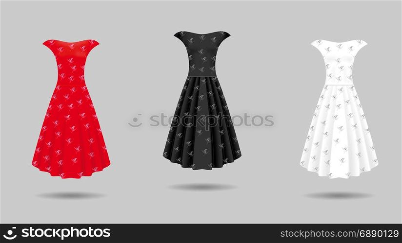 Women&rsquo;s dress mockup collection. Dress with long pleated skirt. Realistic vector illustration
