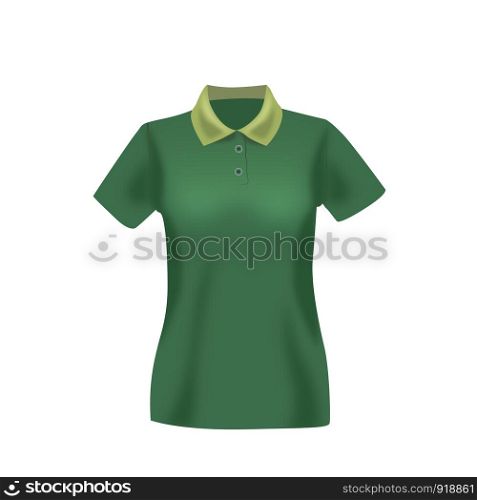 Women's green vector polo shirt template isolated on background. Women's classic green shirt realistic mockup.