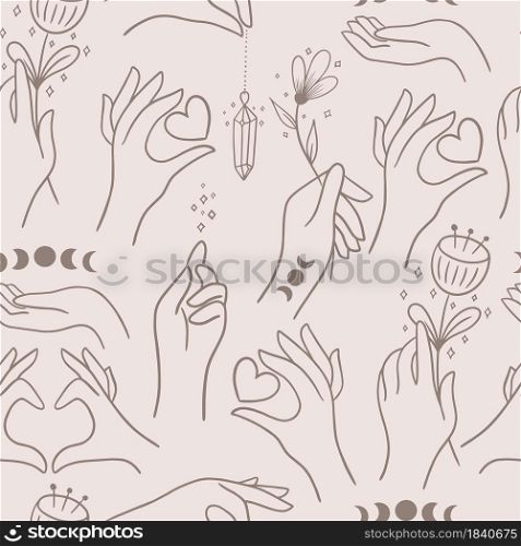 Women&rsquo;s hands are holding a crystal, flower, heart, moon. Vector seamless texture. It can be used for packaging, branding, printing on textiles.