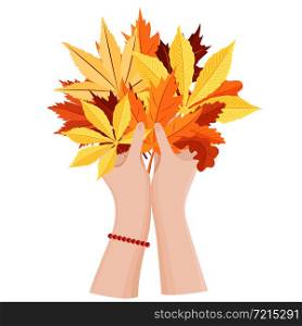 Women&rsquo;s hands hold a bouquet of autumn leaves. Seasonal vector illustration.