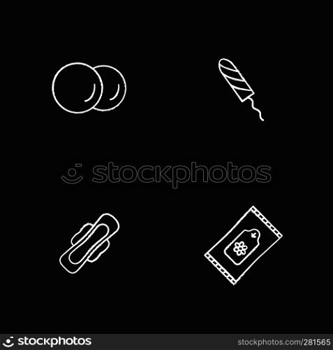 Women's hygienic products chalk icons set. Toiletries. Cotton pads, sanitary tampon, towel with wings, wet wipes. Isolated vector chalkboard illustrations. Women's hygienic products chalk icons set