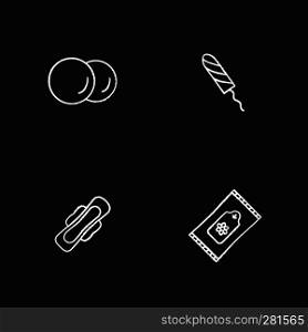Women's hygienic products chalk icons set. Toiletries. Cotton pads, sanitary tampon, towel with wings, wet wipes. Isolated vector chalkboard illustrations. Women's hygienic products chalk icons set